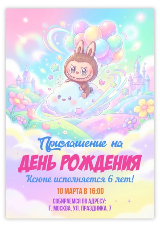 Приглашение на день рождения «Лабубу»