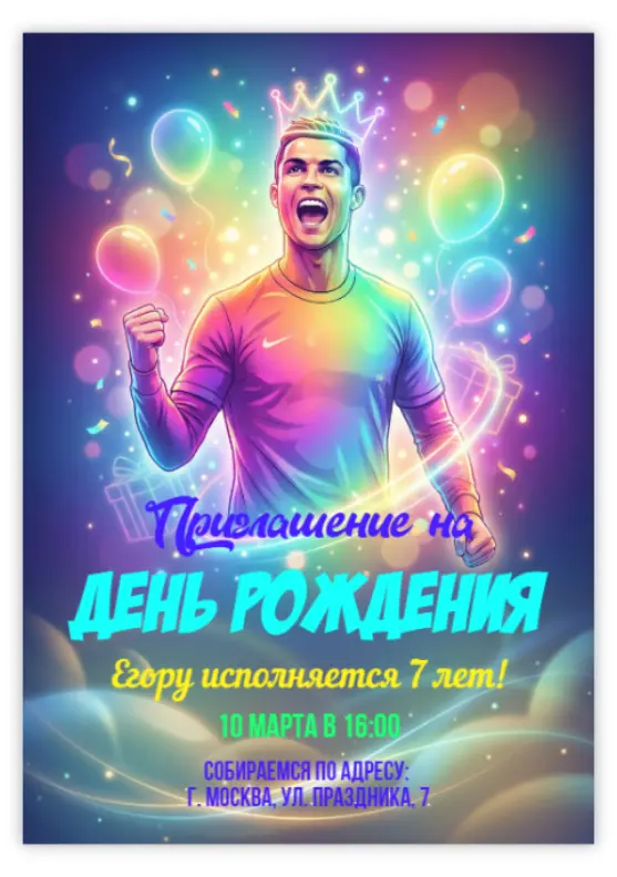 Приглашение на день рождения с футболистом Роналду