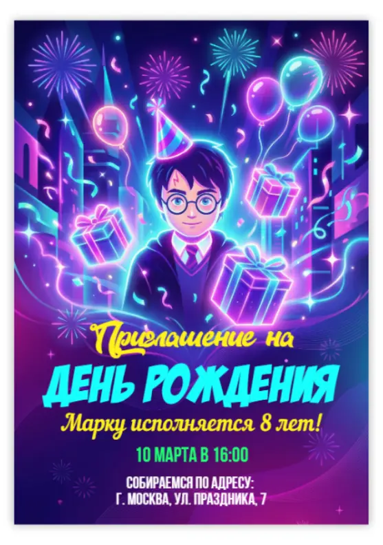 Приглашение на день рождения с Гарри Поттером