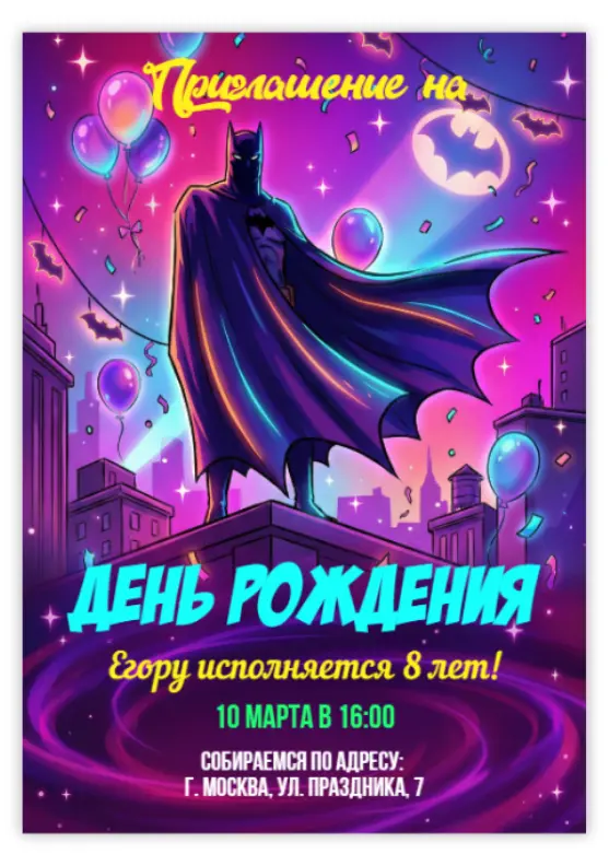 Приглашение на день рождения в стиле Бэтмена