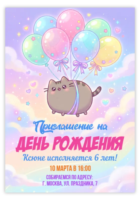 Приглашение на праздник «Кот Пушин»