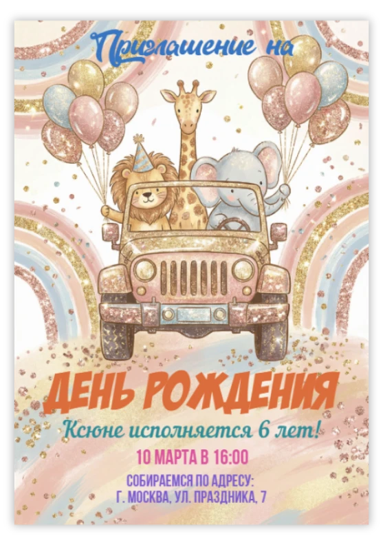 Приглашение на вечеринку «Животные в автомобиле»