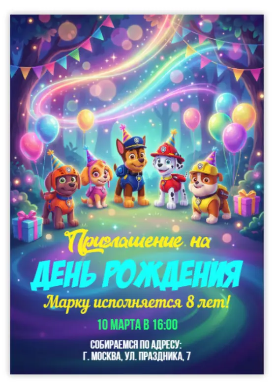 Пригласительное на день рождения со Щенячьим патрулем